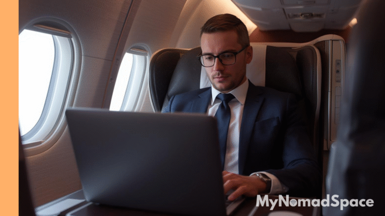 Business traveller working on his laptop during a flight.