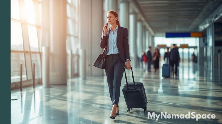Business traveller walking through an airport while speaking on the phone.