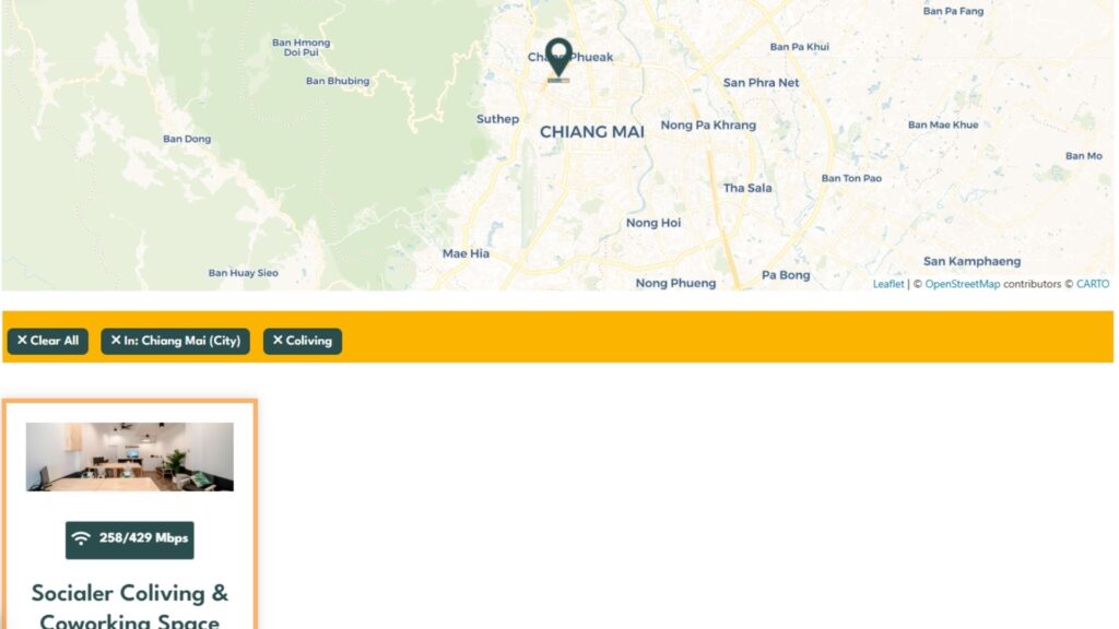 Search results after searching for Chiang Mai and Coliving on M y Nomad Space.