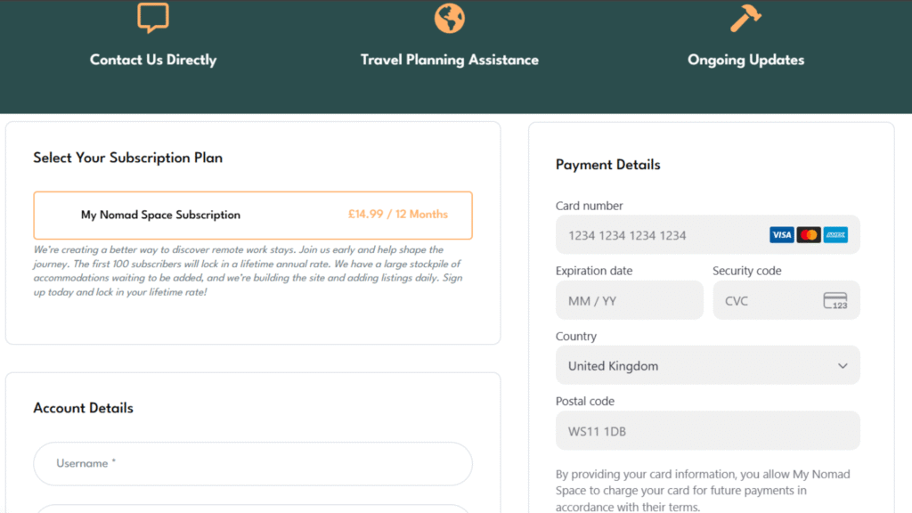 Sign-up page on My Nomad Space.