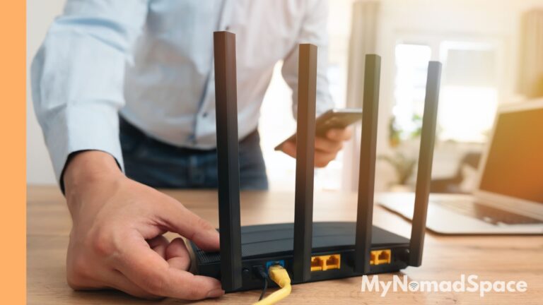 Remote worker testing a Wi-Fi router at home.